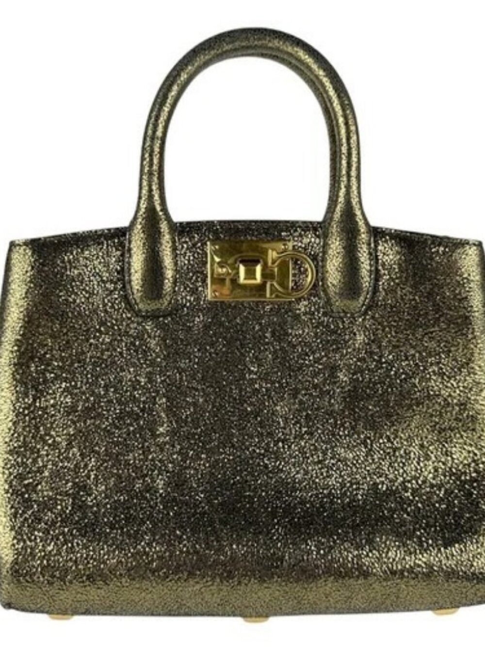 Auth Salvatore Ferragamo Gancini Handbag Shoulder Bag Metallic Khaki - z9046